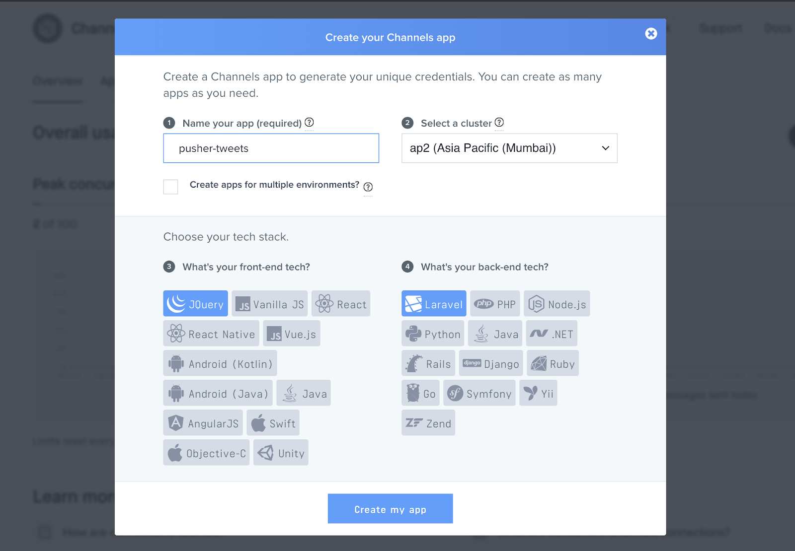 Pusher dashboard