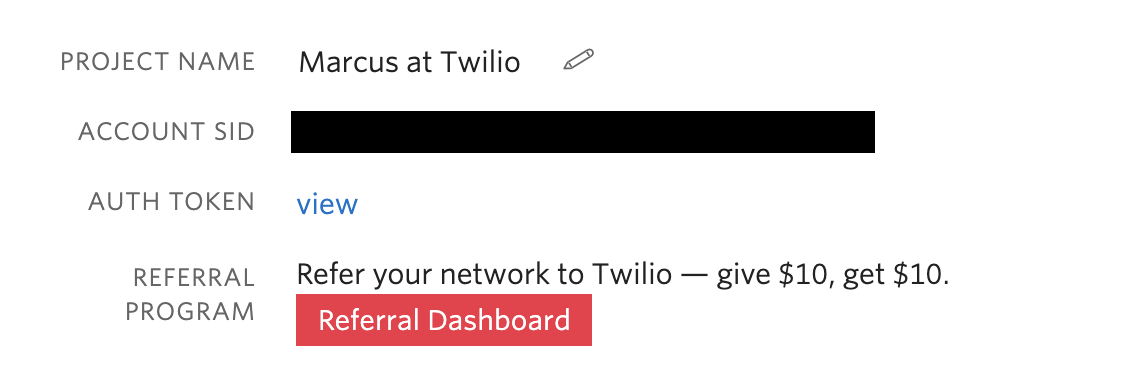 Twilio Account SID screenshot