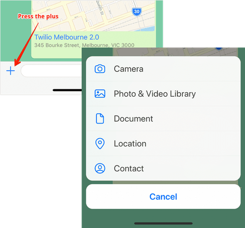 No aplicativo WhatsApp, pressione o botão plus (mais) ao lado do espaço reservado para entrada de texto e escolha o local no menu.