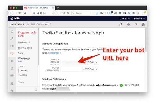 Página de configuração da sandbox da Twilio para WhatsApp. Você deve adicionar o URL do ngrok no campo  &#x27;When a message comes in&#x27; (Quando uma mensagem é recebida).