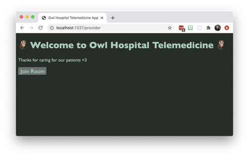 Captura de tela de um aplicativo do Twilio Video. O texto grande diz &#x27;Bem-vindo ao Owl Hospital Telemedicine&#x27;. O texto pequeno diz &#x27;Obrigado por cuidar de nossos pacientes&#x27;. Há um botão que diz &#x27;Entrar na sala&#x27;. Além disso, ele tem uma paleta de cores verde/marrom.
