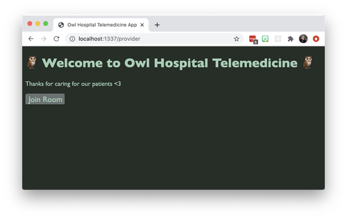 Captura de tela de um aplicativo do Twilio Video. O texto grande diz 'Bem-vindo ao Owl Hospital Telemedicine'. O texto pequeno diz 'Obrigado por cuidar de nossos pacientes'. Há um botão que diz 'Entrar na sala'. Além disso, ele tem uma paleta de cores verde/marrom.