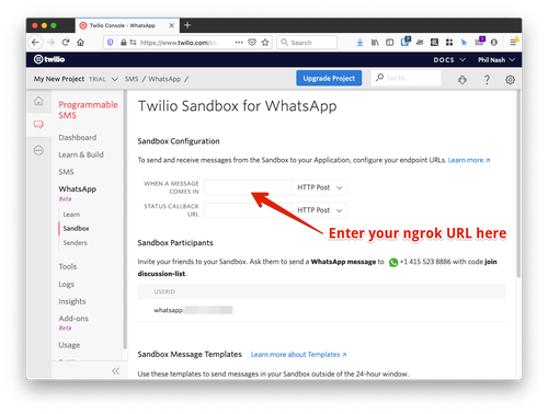 Tela do console da Twilio para configuração do webhook da Sandbox API do WhatsApp.