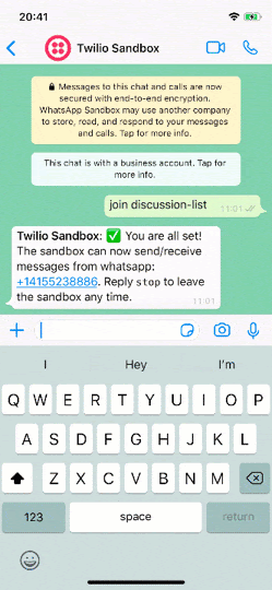 Tela do WhatsApp com a demonstração em funcionamento no número da Sandbox.