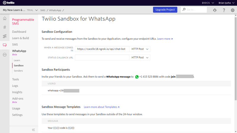 Sandbox da Twilio para WhatsApp
