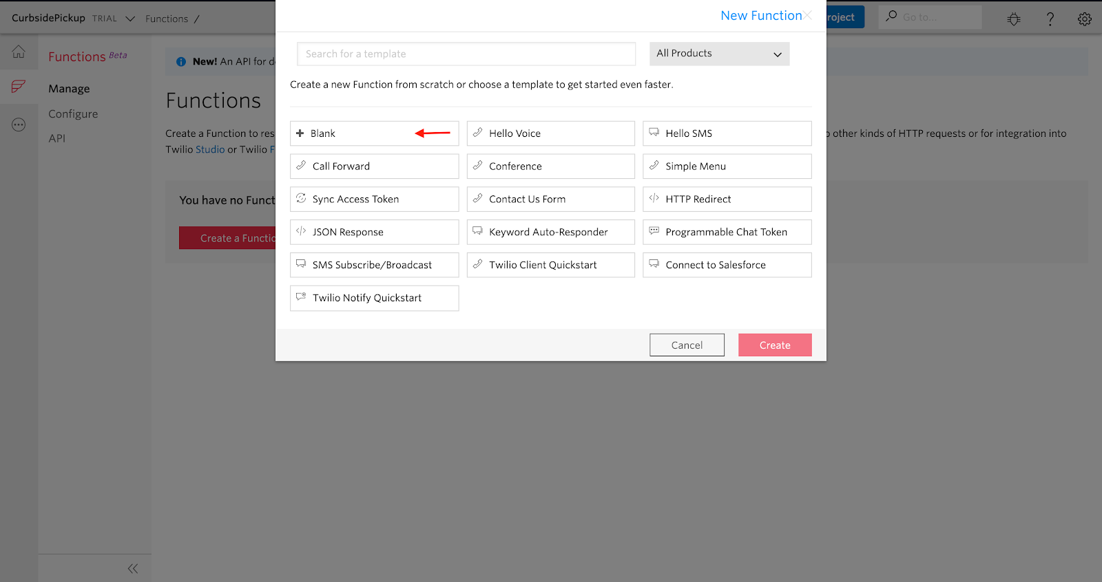 Choosing a blank template for a Twilio Function