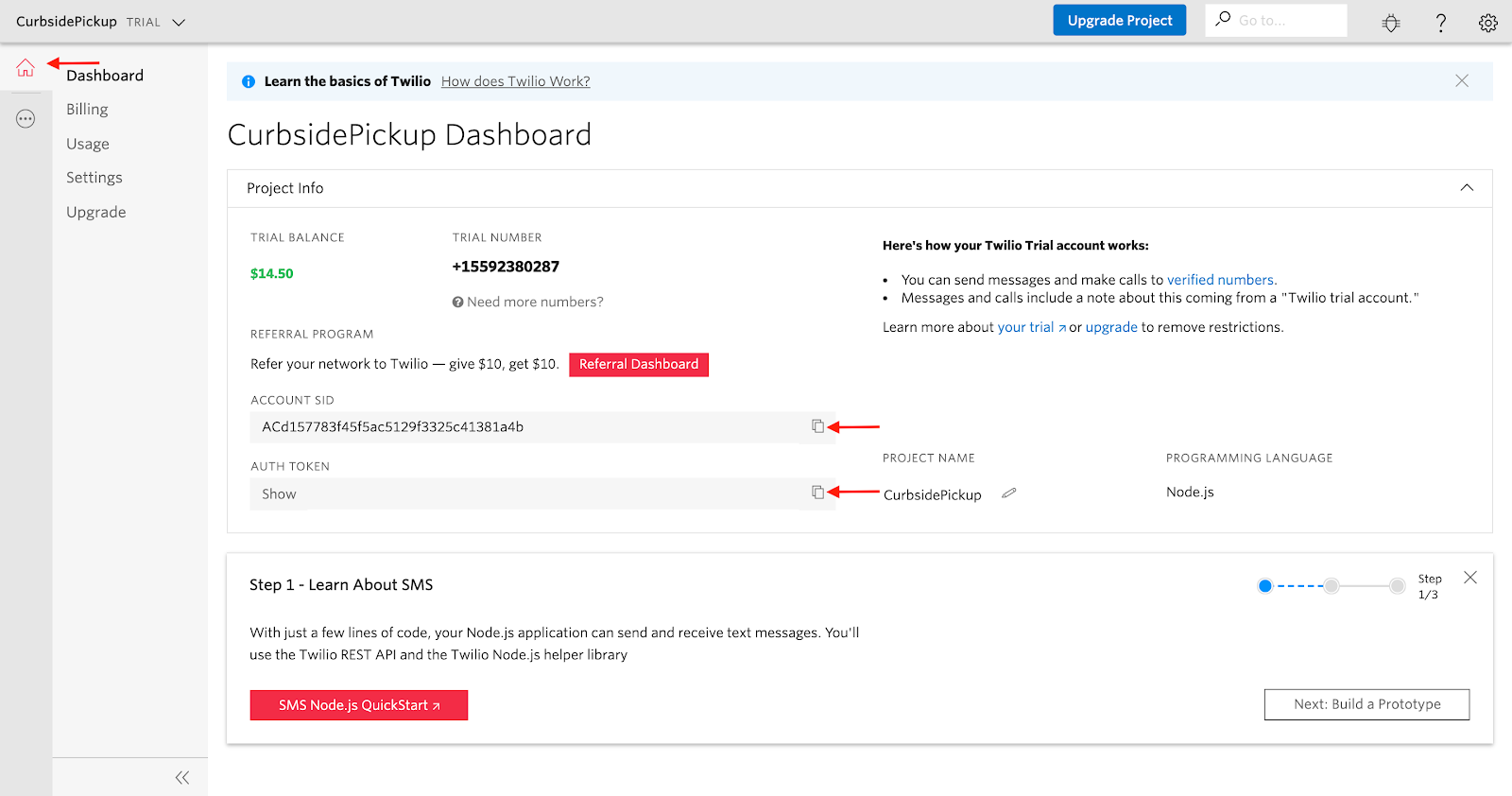 Getting the Account SID and Auth Token from the Twilio console