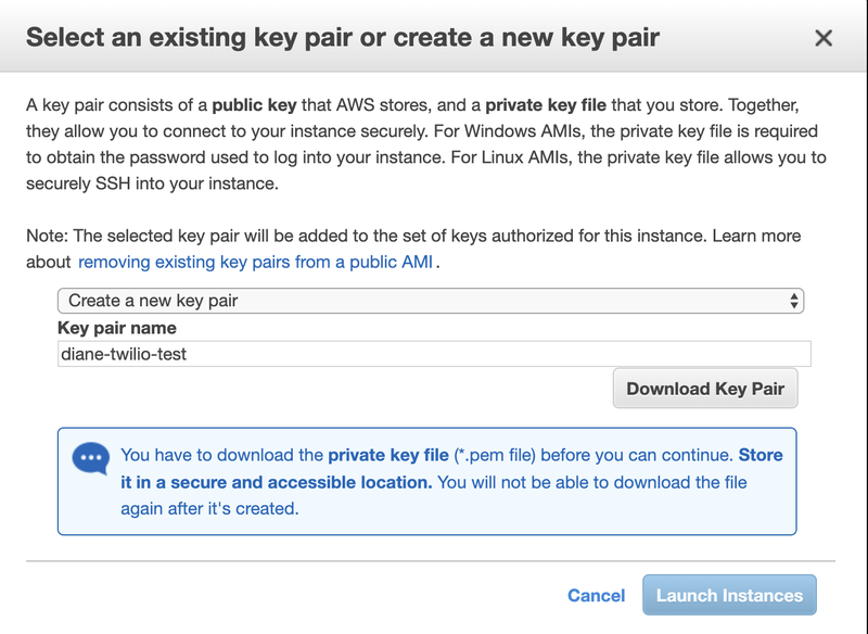 screenshot of selecting or creating a key pair
