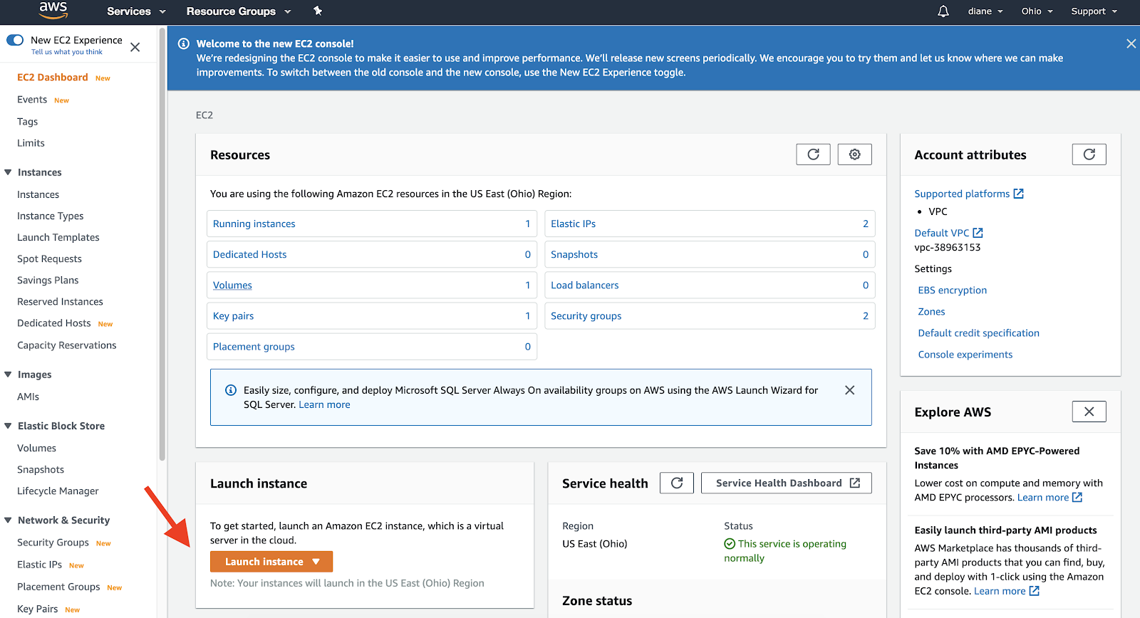 Launch an instance button on the EC2 Dashboard