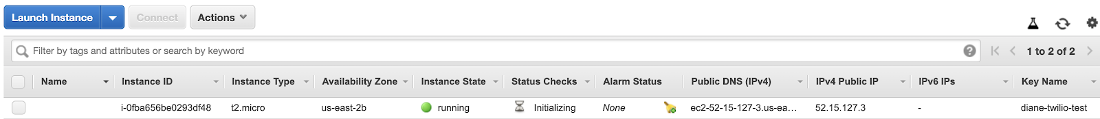 screenshot of the instance tab on EC2 dashboard