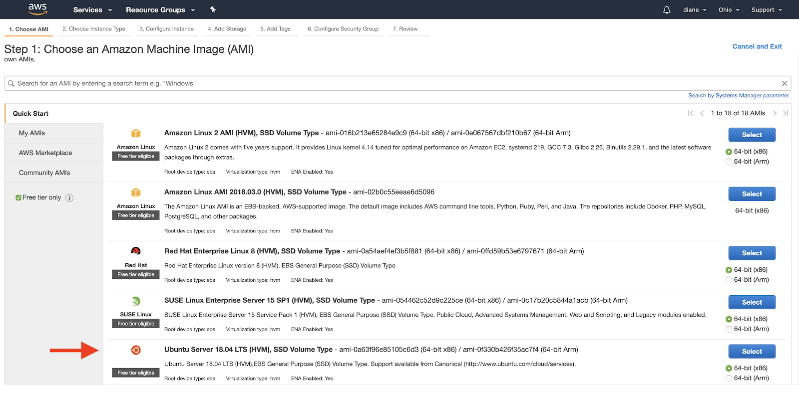 choose Ubuntu Server on the first step of EC2 instance creation