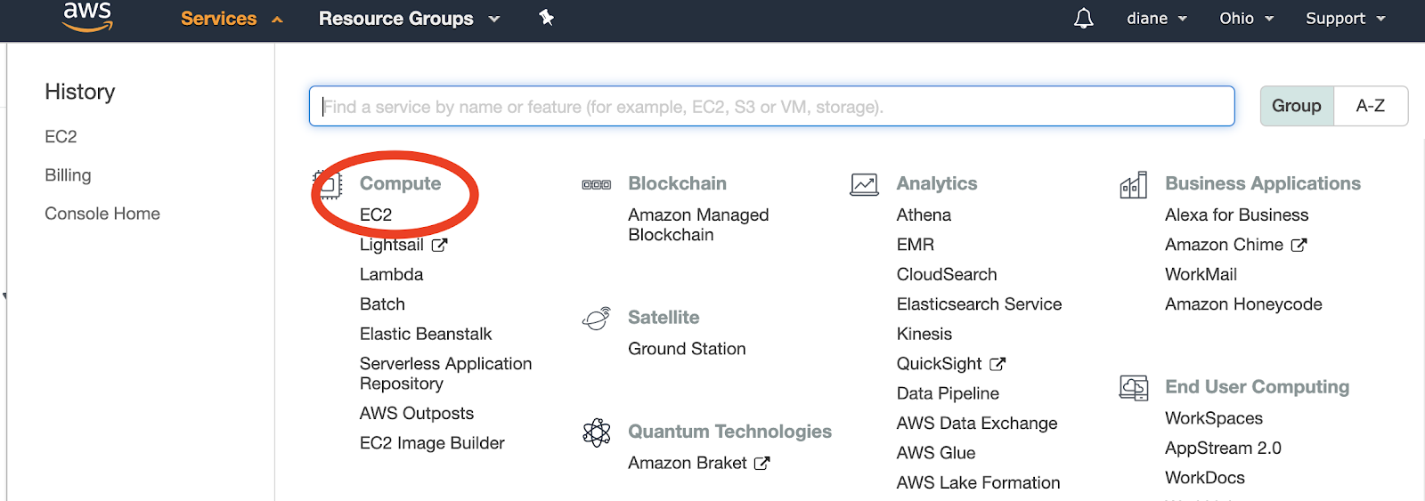 EC2 option on AWS Services dashboard