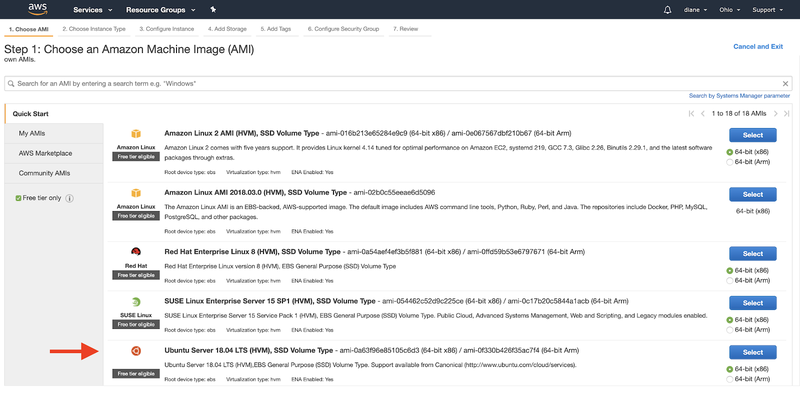 choisir le serveur Ubuntu à la première étape de la création d&#x27;une instance EC2