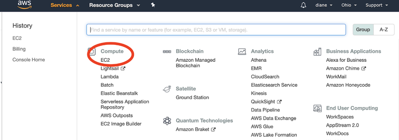 Option EC2 sur le tableau de bord AWS Services