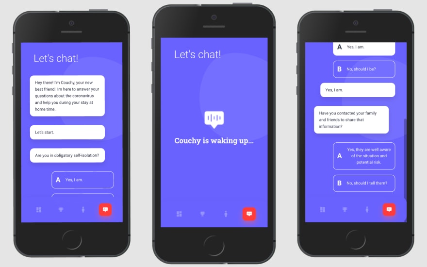 Couchy Chatbot 'waking up' flow and screen