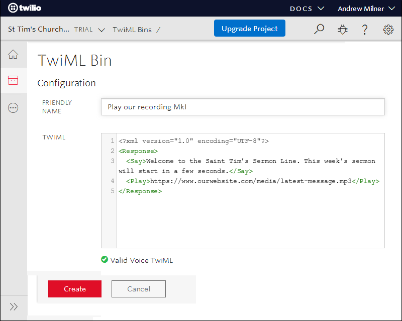 Twilio TwiML Bin after pasting code inside to build a podcast app