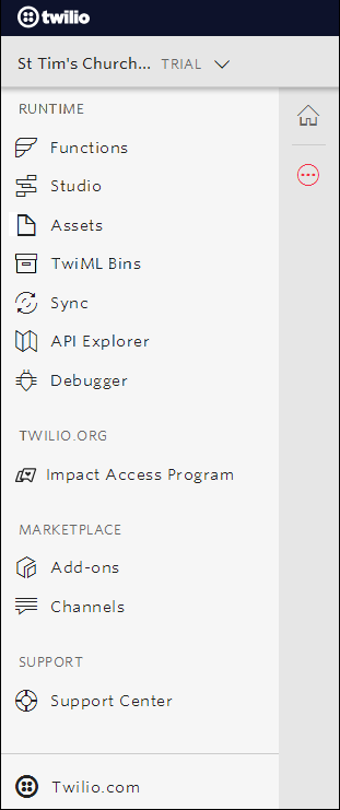 Zoomed in Twilio sidebar inside the console
