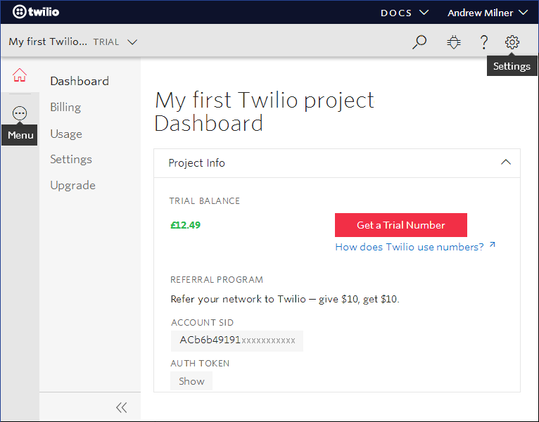 New Twilio project screen