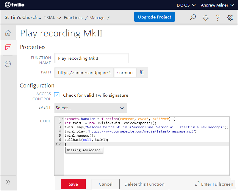 Twilio Function code pasted to build a choose your own podcast app