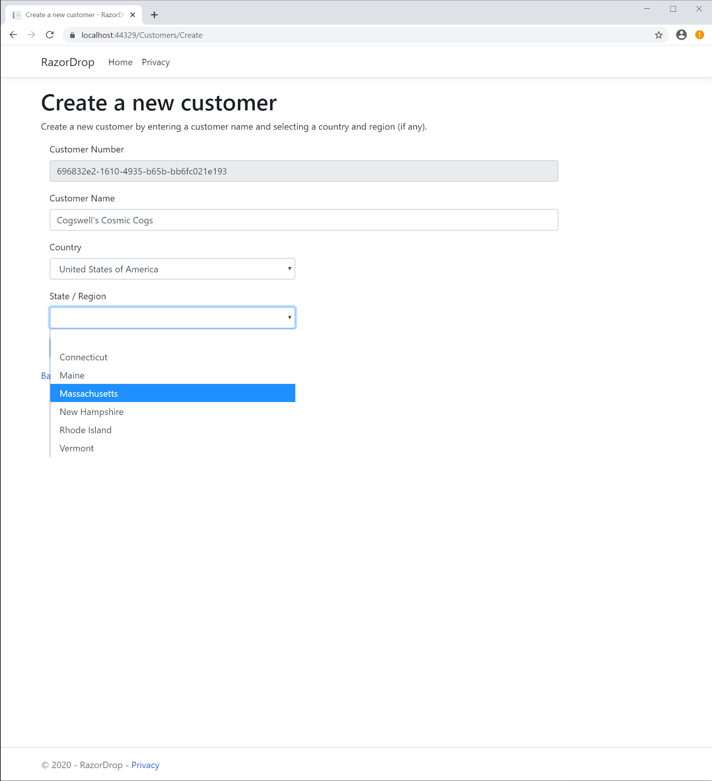 Customers/Create Razor Page Screenshot