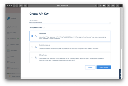 Capture d&#x27;écran Clé API de création SendGrid