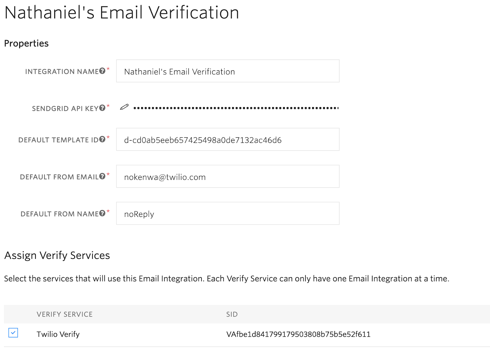 Twilio Email Verification Configuration Page