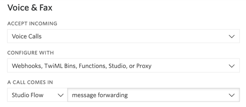 Captura de tela da configuração do número de telefone da Twilio. Em "Voz e fax", o menu suspenso "Configurar com" tem "Webhooks, TwistML Bins, Functions, Studio ou Proxy". Em "Uma chamada é recebida", "Fluxo do Studio" e "Encaminhamento de mensagem" estão selecionados.