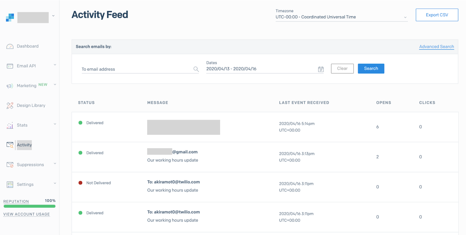 Darstellung des Activity Feeds in der Sendgrid Konsole