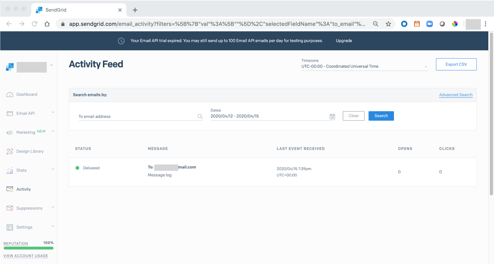 Darstellung des Activity Feeds in der Sendgrid Konsole