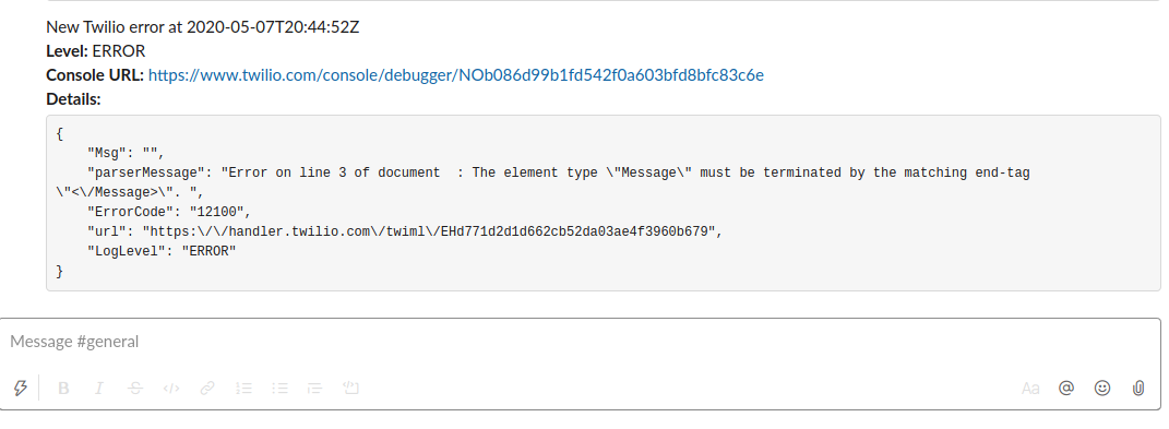 Sample Twilio error message on Slack