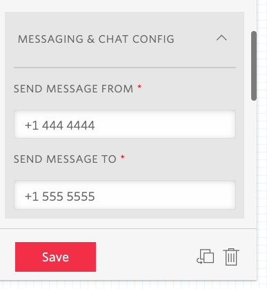 Screenshot of configuration for Twilio Studio "Send Message" widget. Send Message From has a fake Twilio number in the input box, and "Send Message To" has a fake cell phone number in the input box.