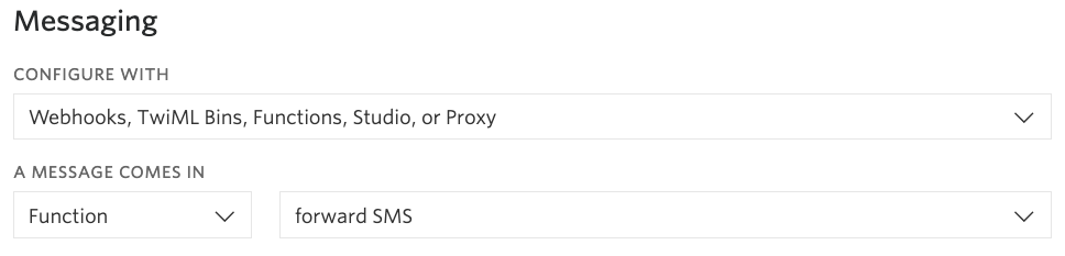 Screenshot of Twilio phone number configuration. Under "Messaging", the "Configure With" dropdown has "Webhooks, TwiML Bins, Functions, Studio, or Proxy" selected. Under "A Message Comes In," "Function" and "forward SMS" are selected.