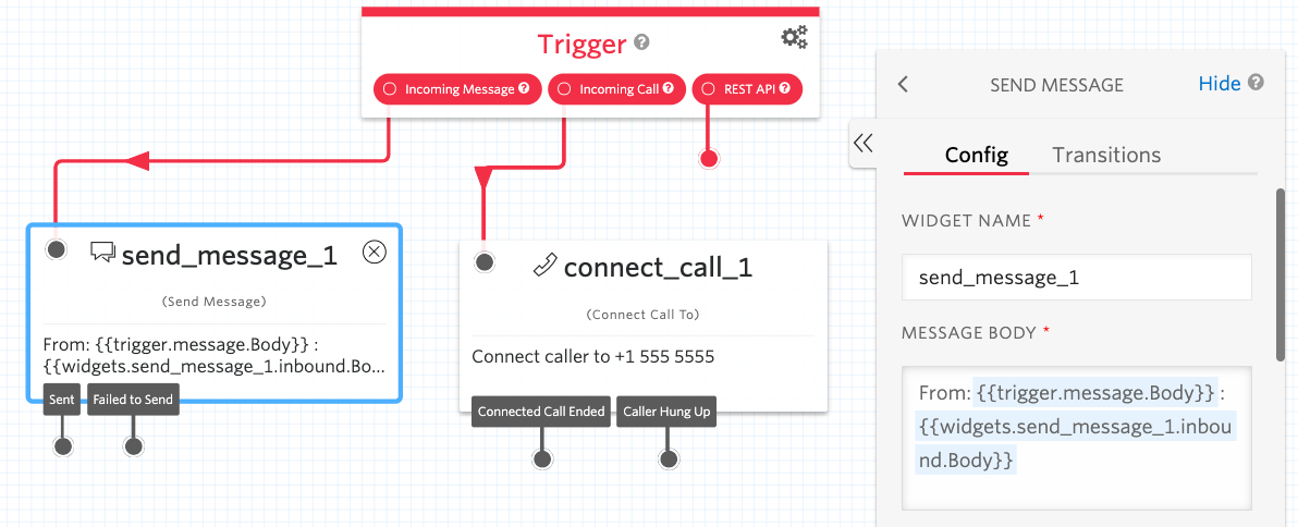 Screenshot of Twilio Studio flow. The "Send Message" widget is connected to the "Incoming Message" trigger. In the "Send Message" widget configuration, the Message Body is "from {{trigger.message.Body}