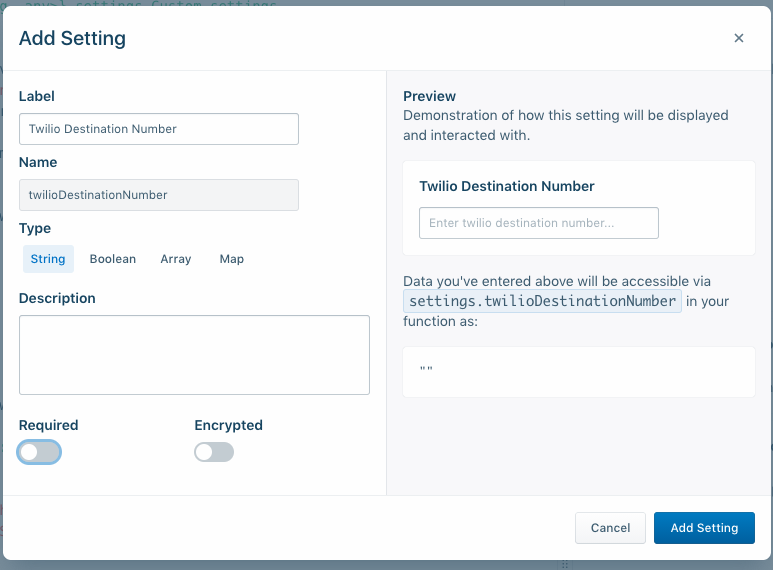 Adding a variable for a Twilio destination number