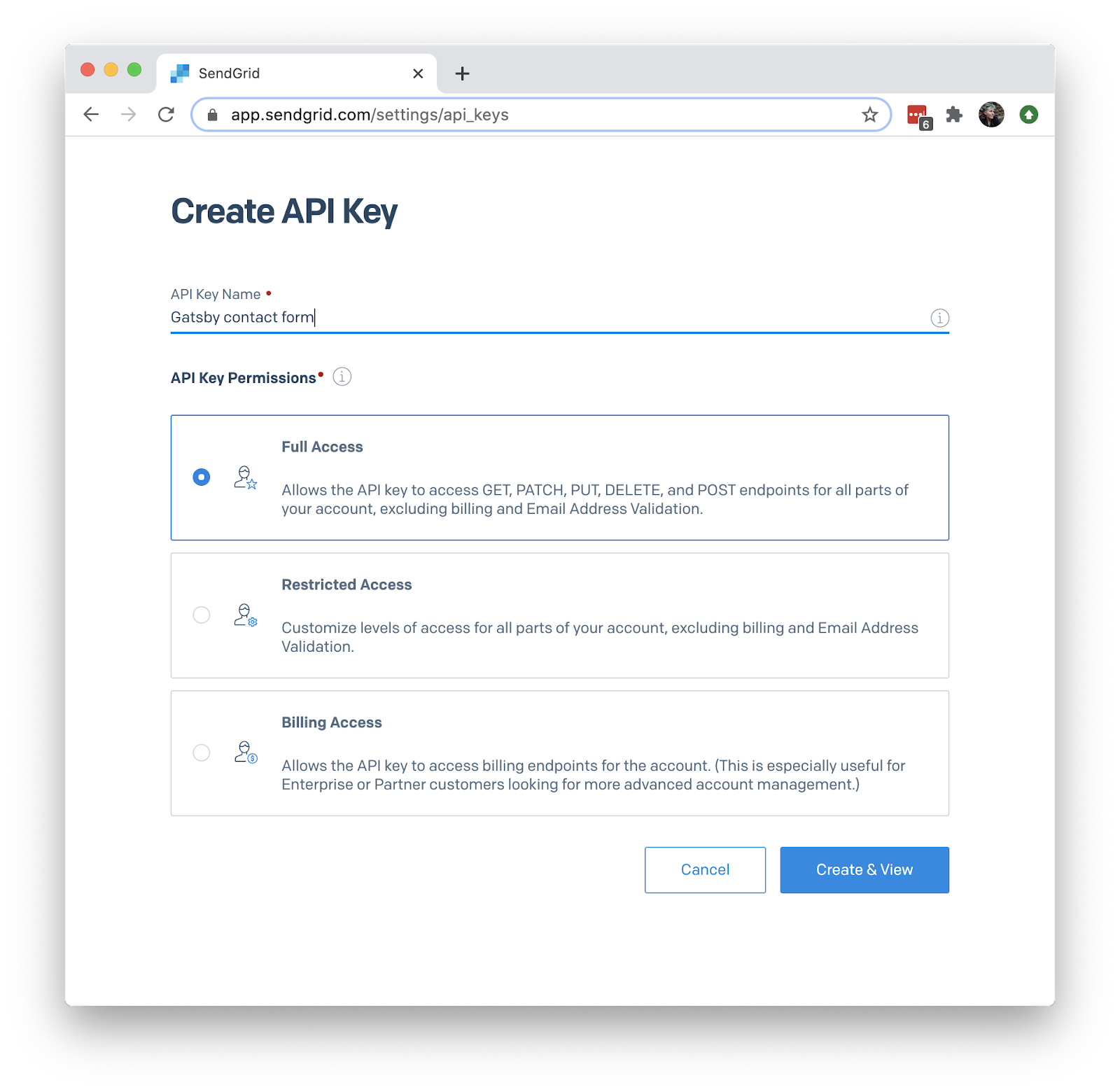 screenshot of the SendGrid page for creating an API key. The key name is "Gatsby contact form" and the permissions are "Full Access."