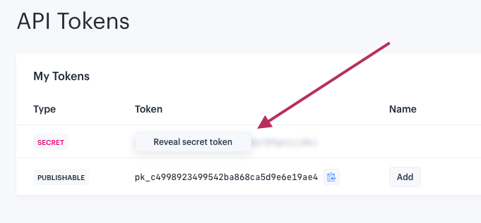 Screenshot of “Reveal secret token button on the IEX API Tokens page