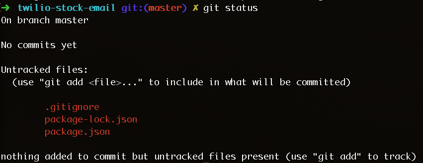 ‘git status’ output on the command line, with no mention of .env or node_modules