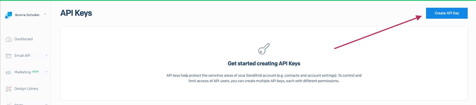 Screenshot of “Create API Key button in the upper right.