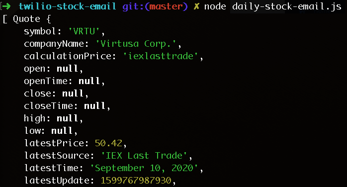 screenshot showing stock data output
