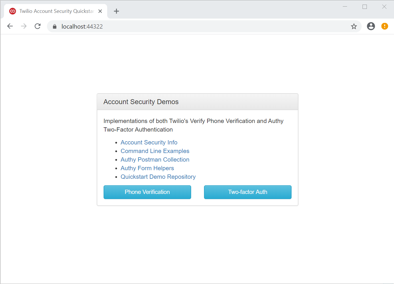 Twilio Account Security Quickstart home page