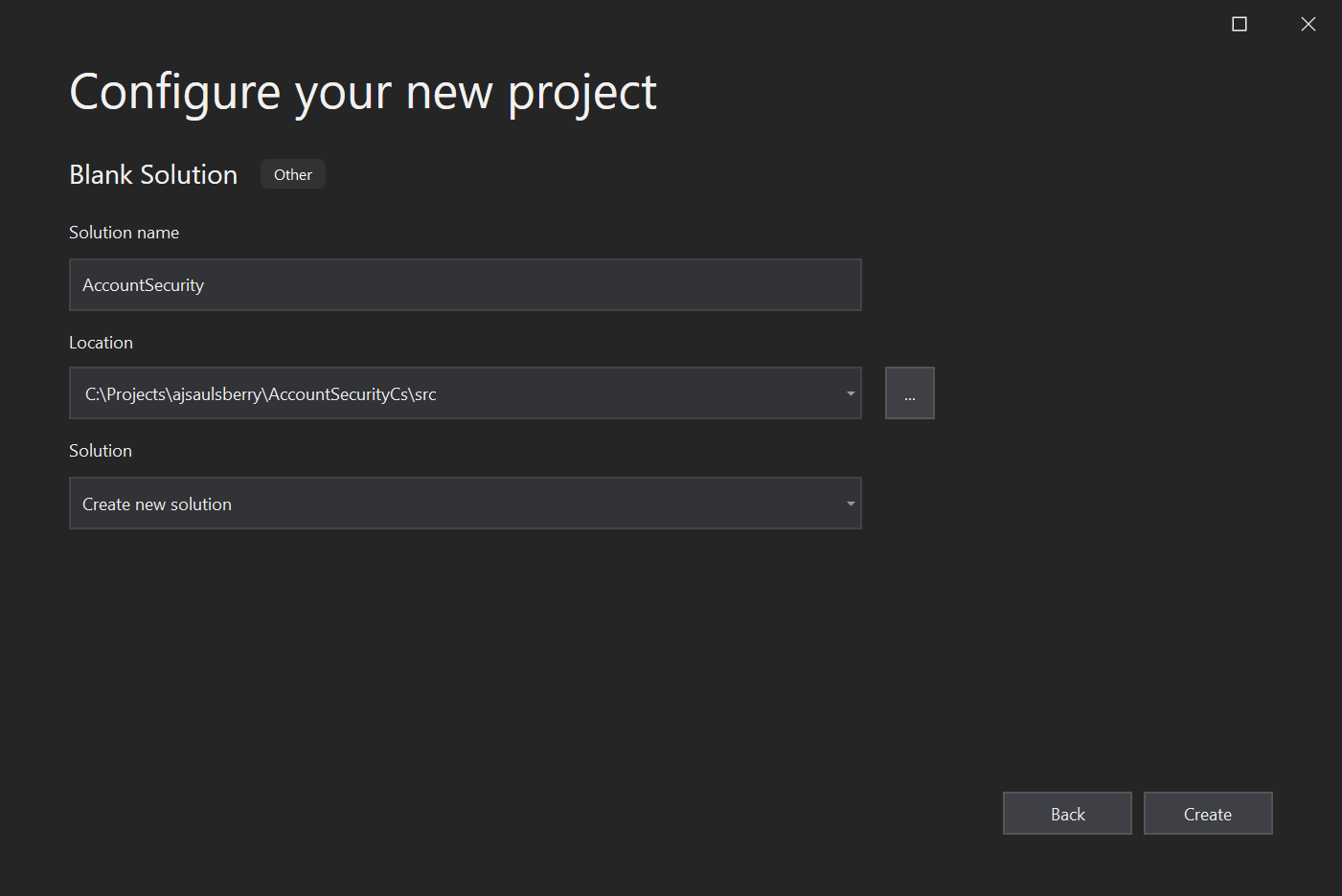 Visual Studio 2019 Configure your new project window