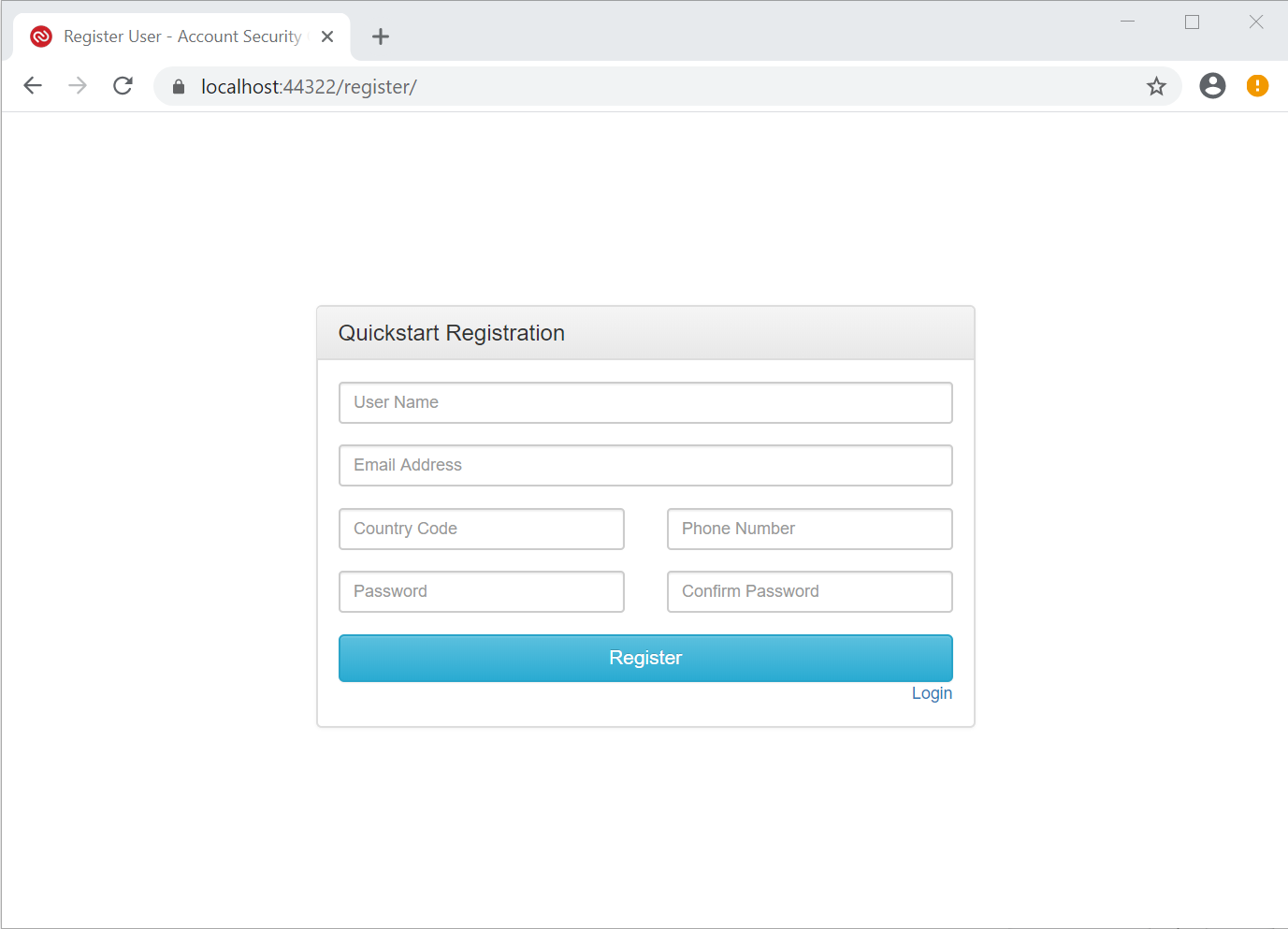 Twilio Account Security Quickstart /register page