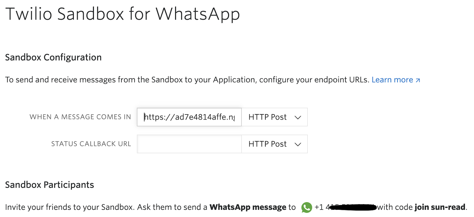 Twilio Sandbox for WhatsApp console page with the unique ngrok URL "https://ad7e4814affe.ngrok.io/webhook" inside text field