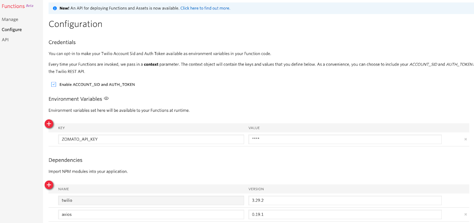 Twilio Functions Configuration Page