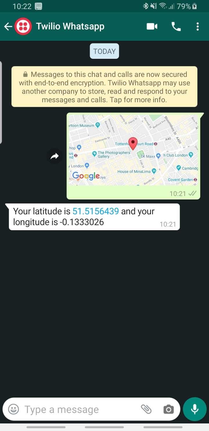 Screenshot of WhatsApp Convo showing a reply to a location message with lat/long coordinates