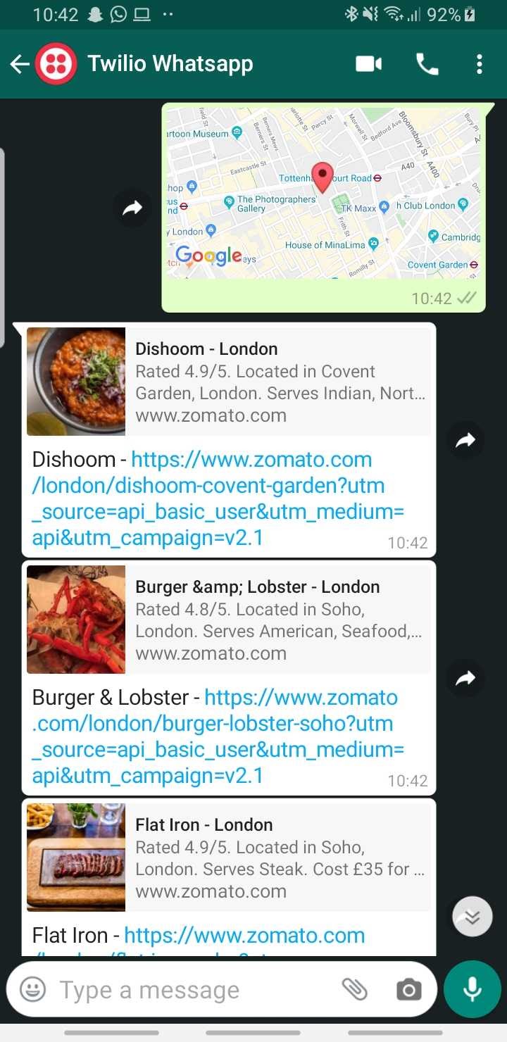 Screenshot of WhatsApp Convo showing a reply to a location message with list of restaurants