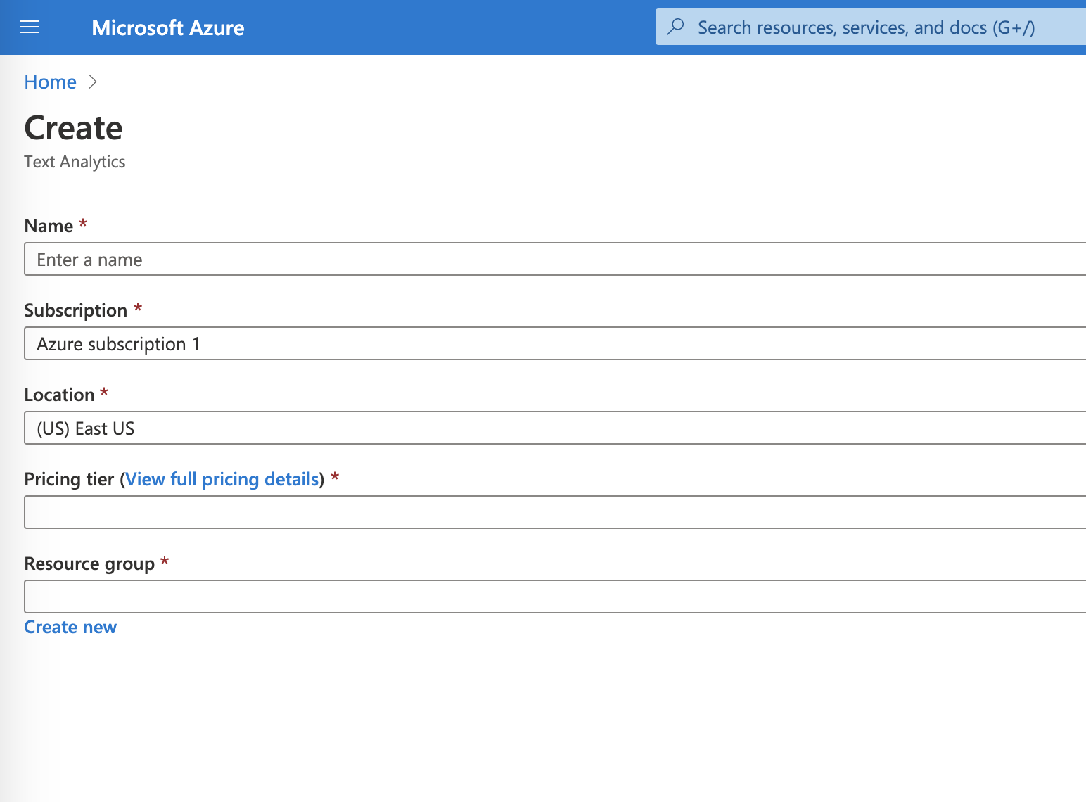 Azure create Text Analytics Resource