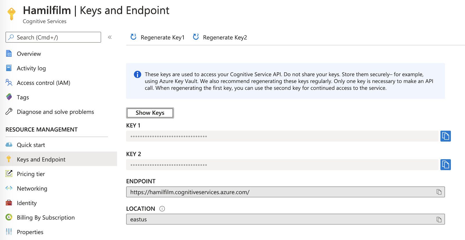 Azure keys and endpoints