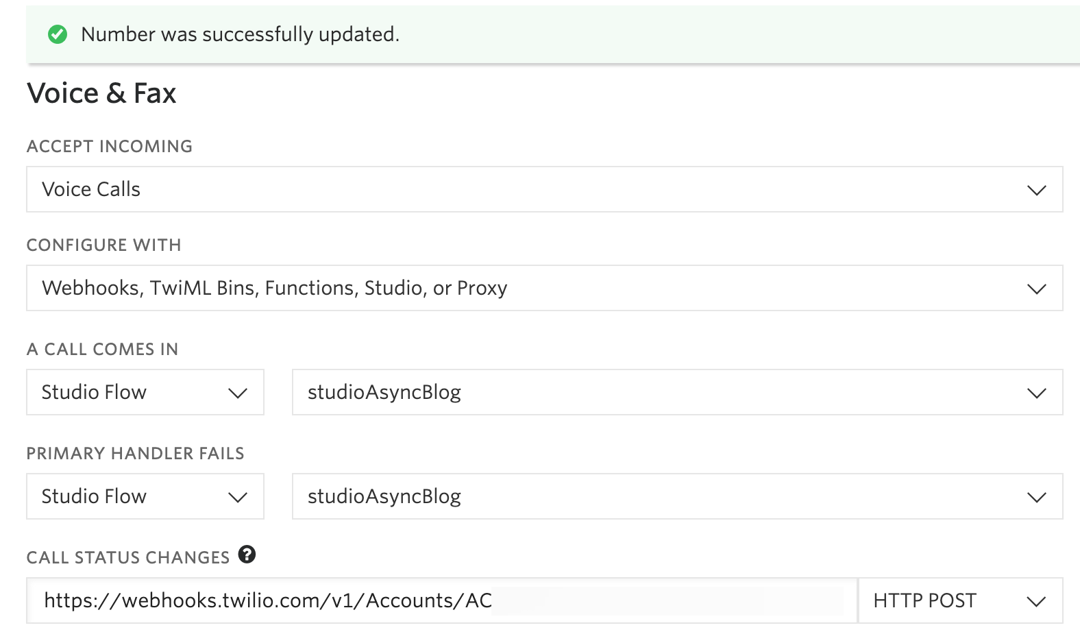 Setting up a webhook with a Studio URL for Voice & Fax in Twilio