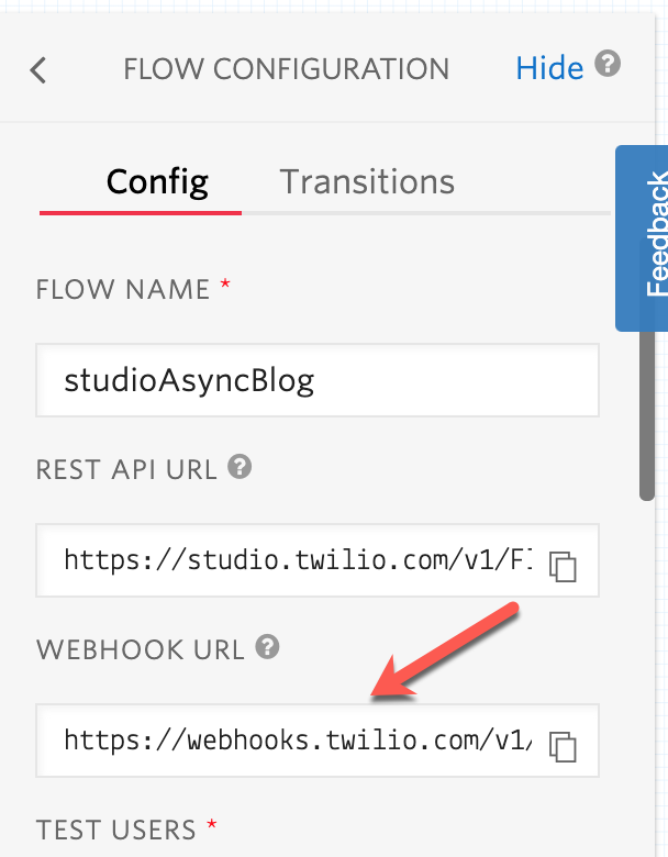 Studio webhook URL location on the canvas